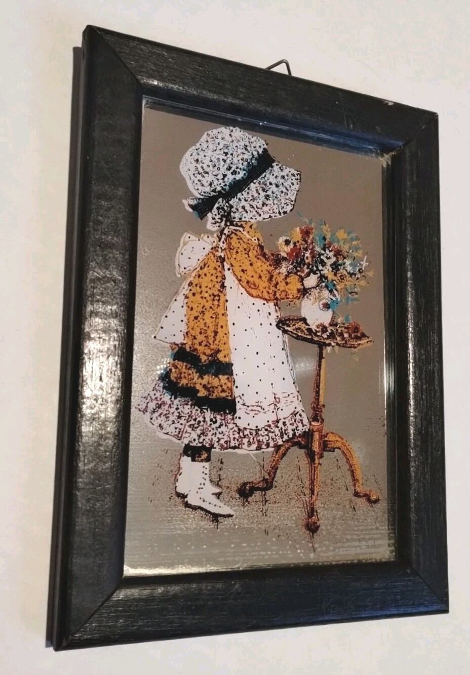 Vintage Holly Hobbie Framed Art Mirror Painted RARE 1970's MADE IN ENGLAND Stamp